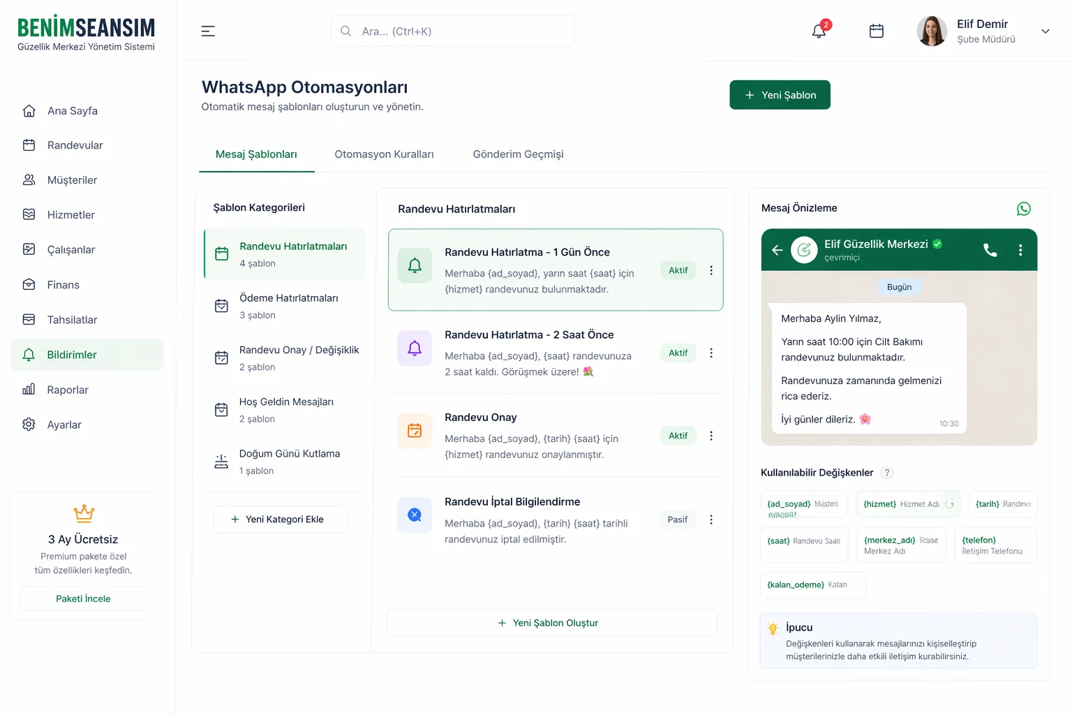 Güzellik merkezi WhatsApp otomasyon şablonları - randevu hatırlatma, ödeme, doğum günü mesaj şablonları